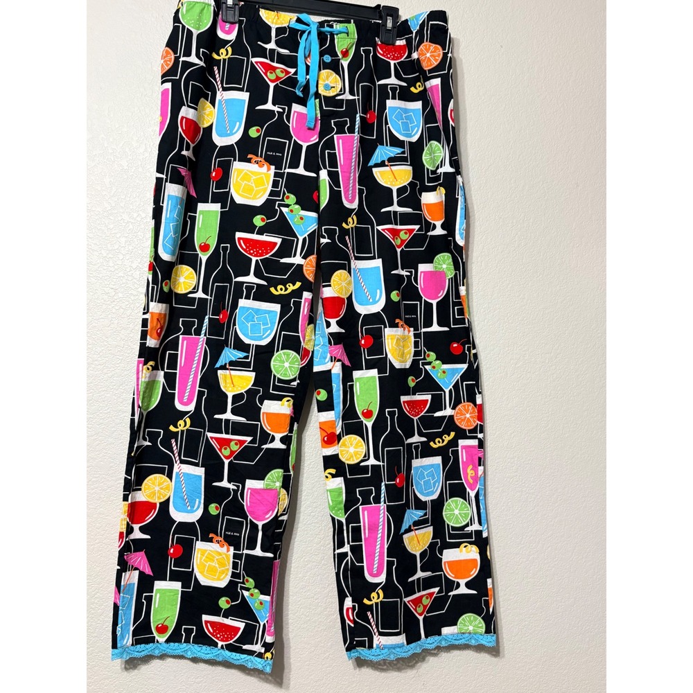 Nick and Nora Cocktails & Martinis Pajama Pants XL Cotton Lace Novelty Print
